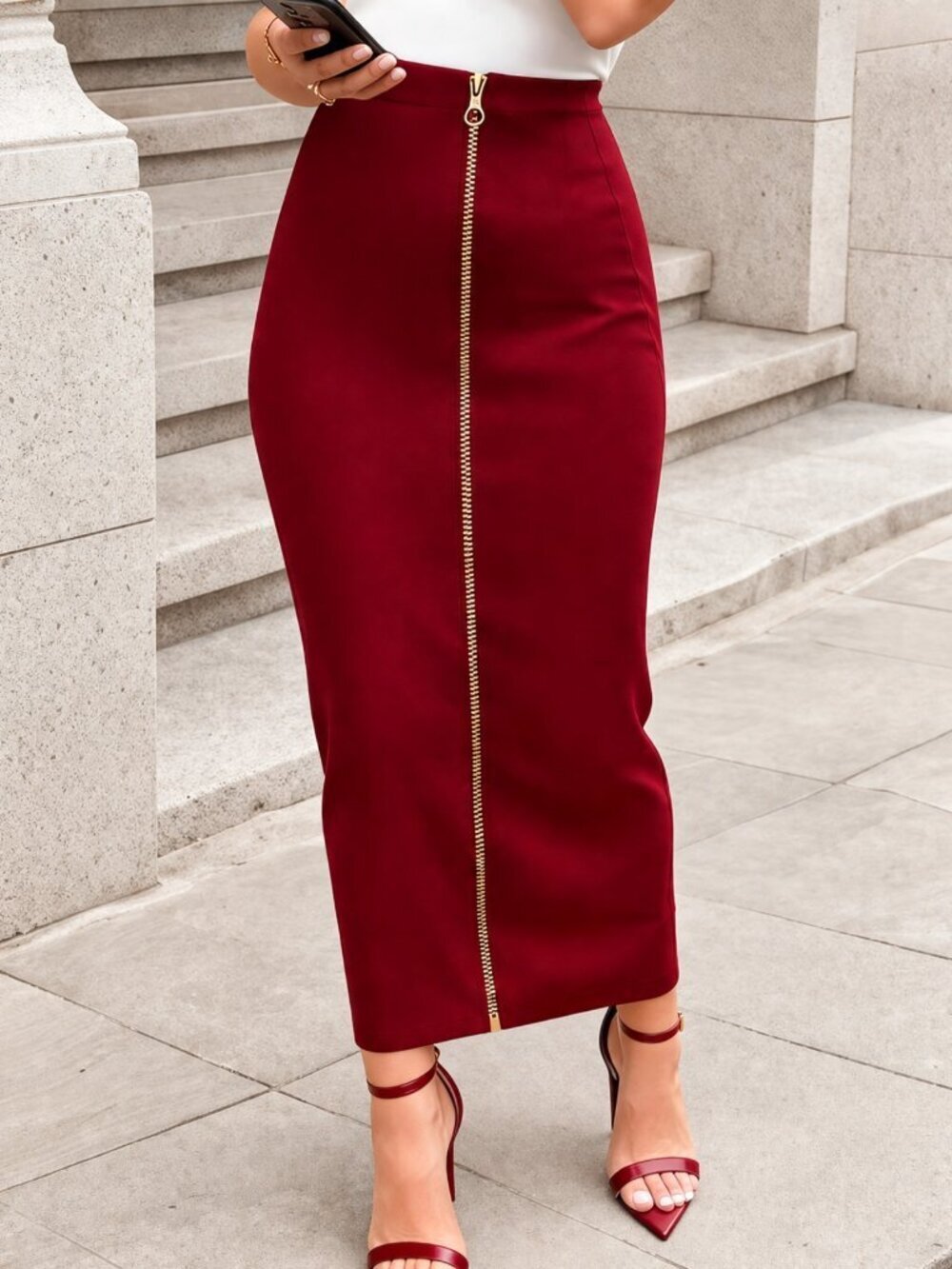 Burgundy Casual Women's Midi Pencil Skirt with Front Zipper, High Waist Stretch